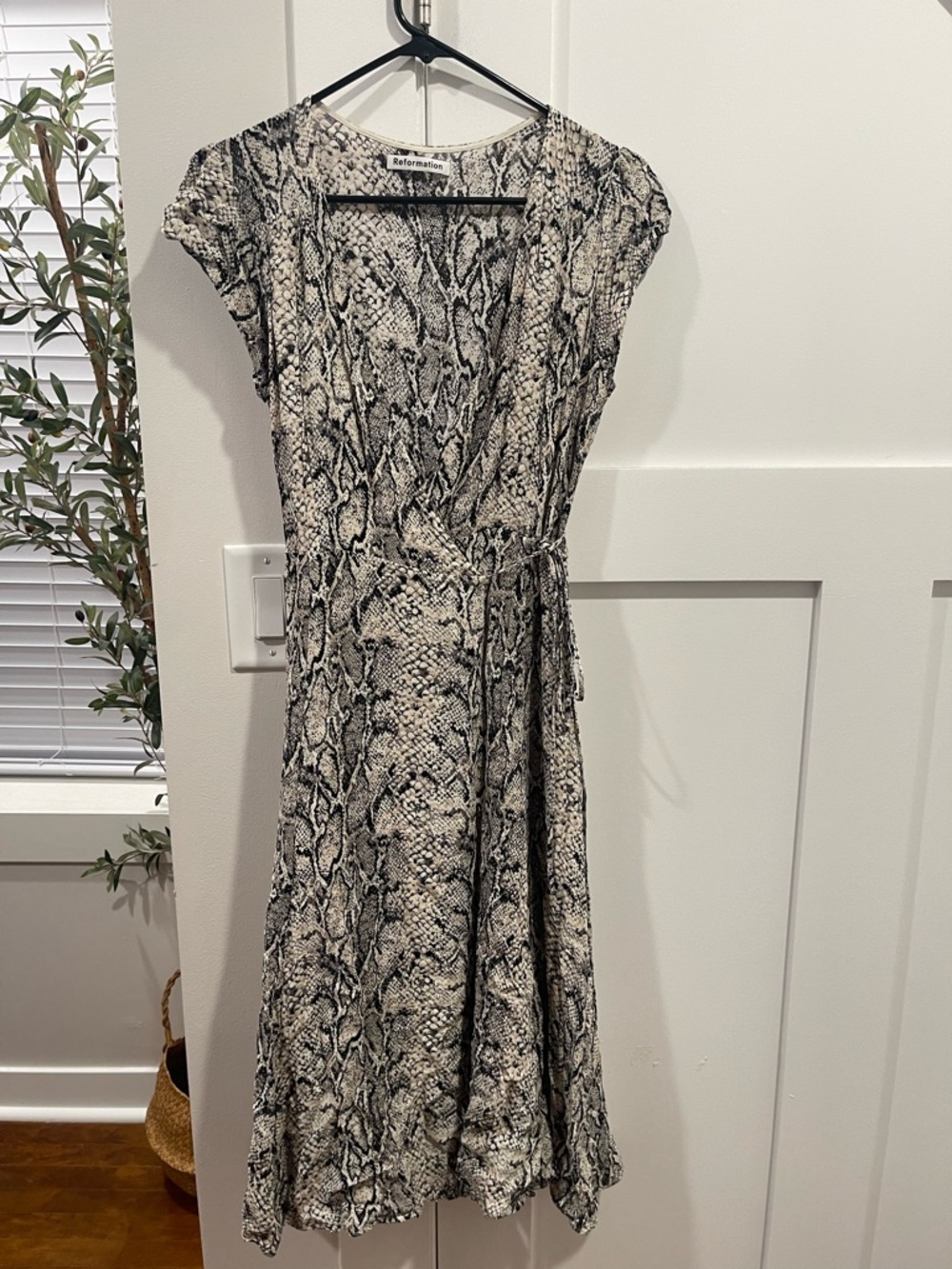 Reformation Black & Cream Snake-Print Wrap Midi Dress